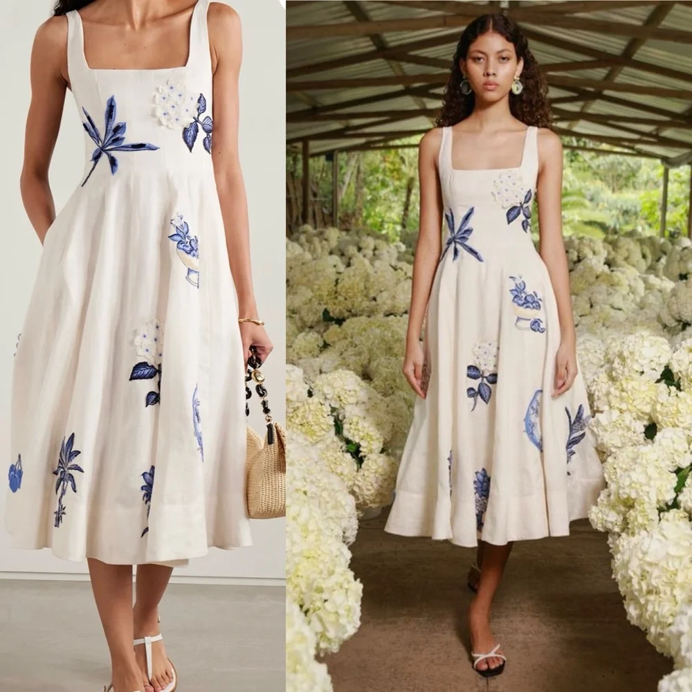 NEW Agua By Agua Bendita  Fontera Wild Embroidered Linen Midi Dress Size Medium. - Picture 2 of 10